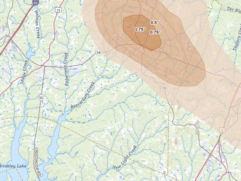 Radar-estimated hail-size map of the storm over Creedmoor, NC