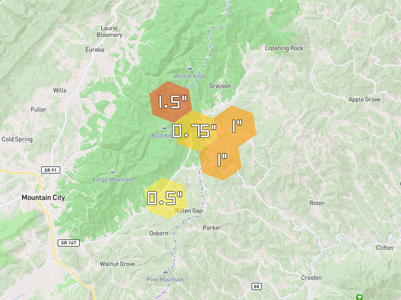 Hail map of Creston, NC on Jul 28, 2026, hail up to 1.5"