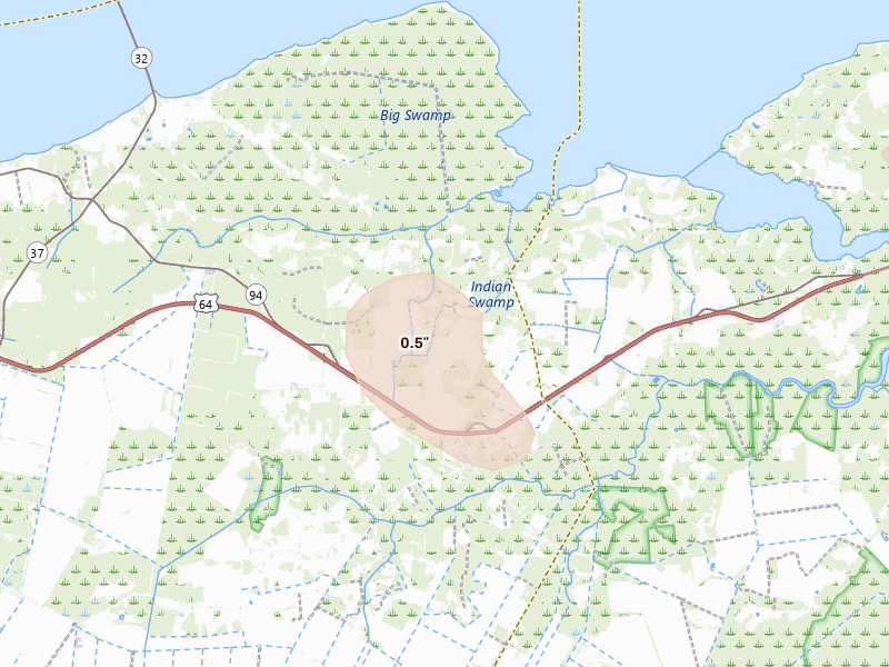 Radar-estimated hail-size map of the storm over Creswell, NC on Aug 11, 2026