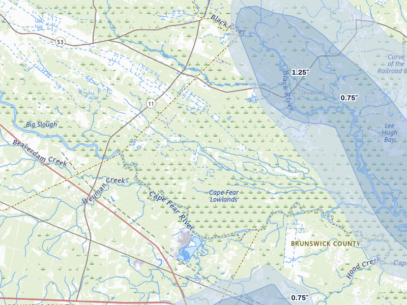 NEXRAD radar-signature map of the hail storm over Currie, NC on Aug 10, 2026