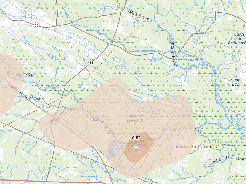 Radar-estimated hail-size map of the storm over Currie, NC on Aug 21, 2026