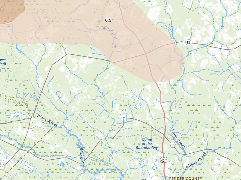 Radar-estimated hail-size map of the storm over Currie, NC on Sep 5, 2026