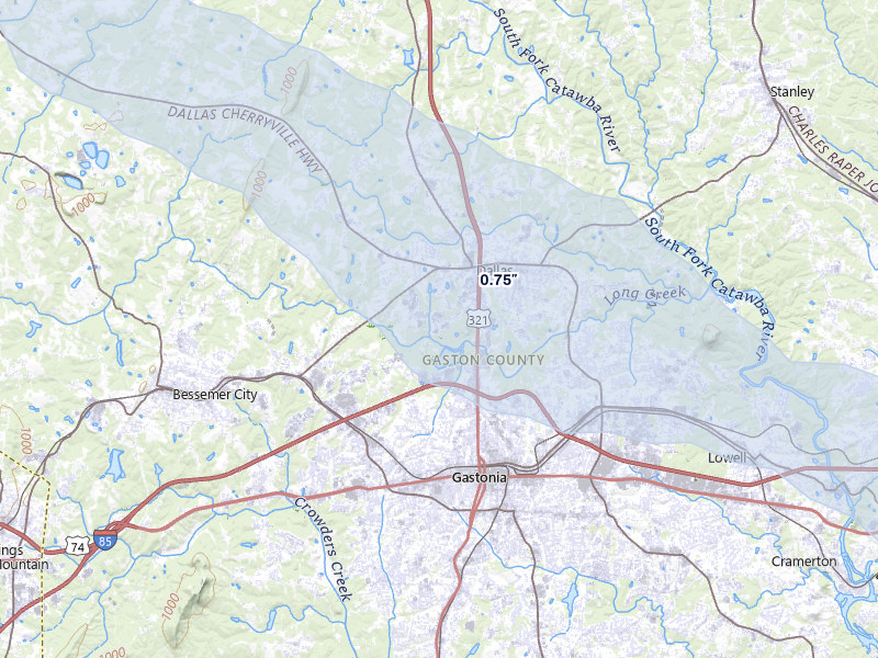 NEXRAD radar-signature map of the hail storm over Dallas, NC on Jul 28, 2026
