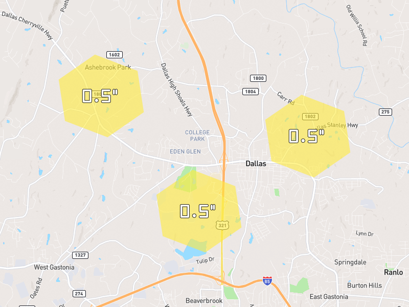 Hail map of Dallas, NC on Jul 28, 2026, hail up to 0.5"