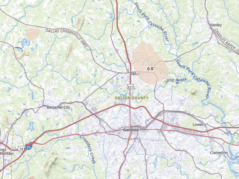 Radar-estimated hail-size map of the storm over Dallas, NC on Aug 28, 2026