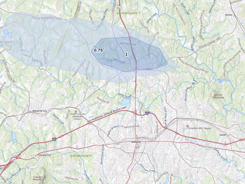 NEXRAD radar-signature map of the hail storm over Dallas, NC on Aug 28, 2026