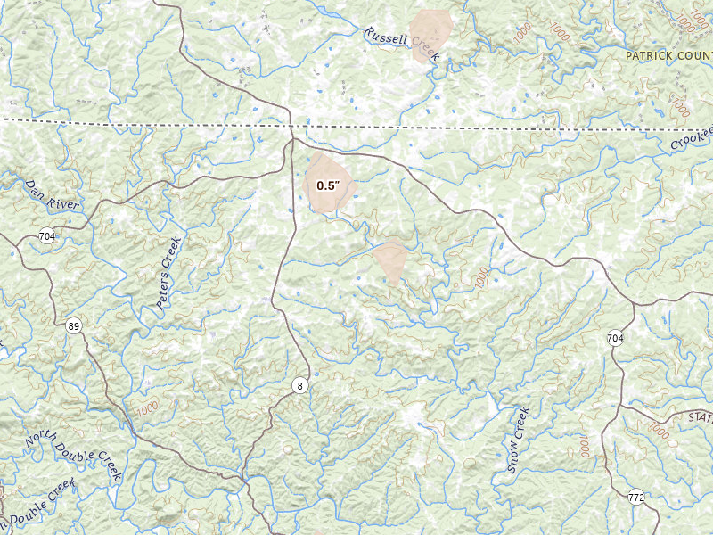 Radar-estimated hail-size map of the storm over Danbury, NC on Jul 4, 2026