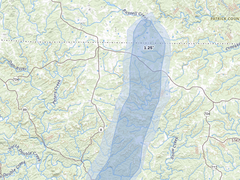 NEXRAD radar-signature map of the hail over Danbury, NC