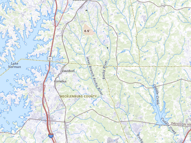 Radar-estimated hail-size map of the storm over Davidson, NC on Aug 28, 2026