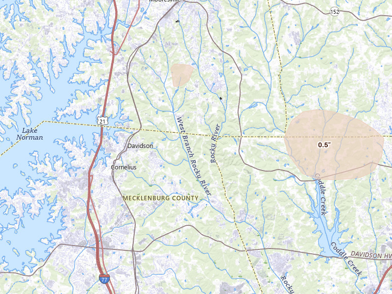 Radar-estimated hail-size map of the storm over Davidson, NC on Sep 5, 2026