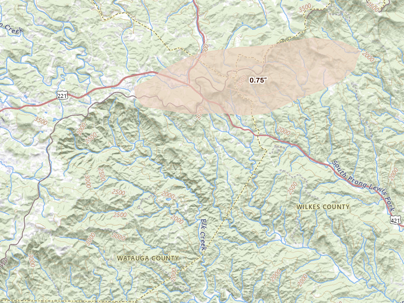 Radar-estimated hail-size map of the storm over Deep Gap, NC on Apr 1, 2026