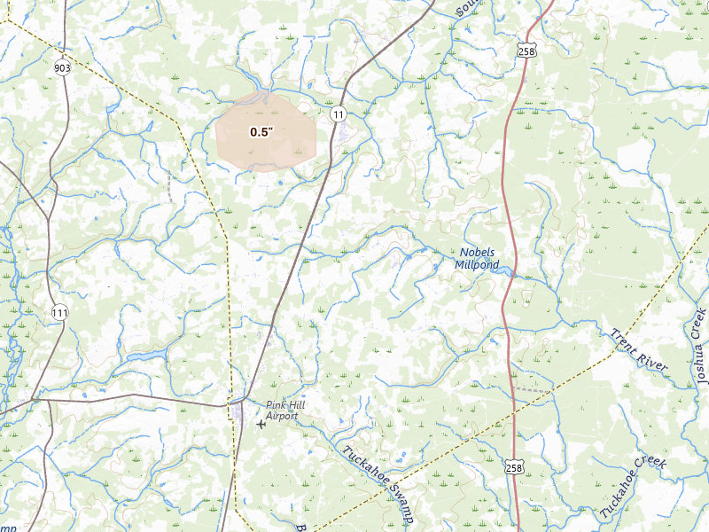 Radar-estimated hail-size map of the storm over Deep Run, NC on Jun 27, 2026