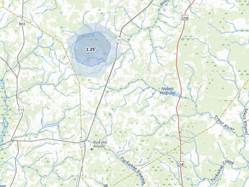 NEXRAD radar-signature map of the hail storm over Deep Run, NC on Jun 27, 2026