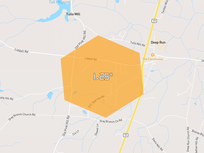 Hail map of Deep Run, NC on Jun 27, 2026, hail up to 1.25"