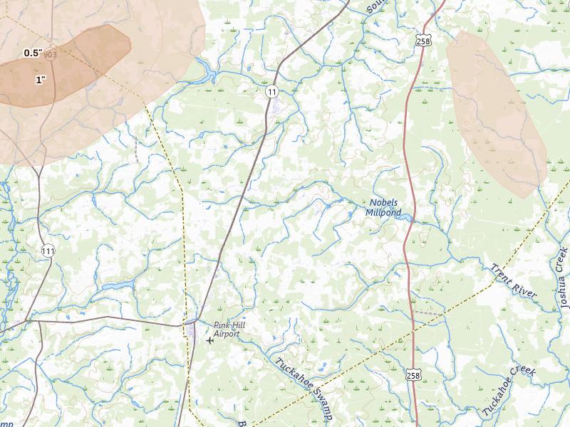 Radar-estimated hail-size map of the storm over Deep Run, NC on Jul 20, 2026