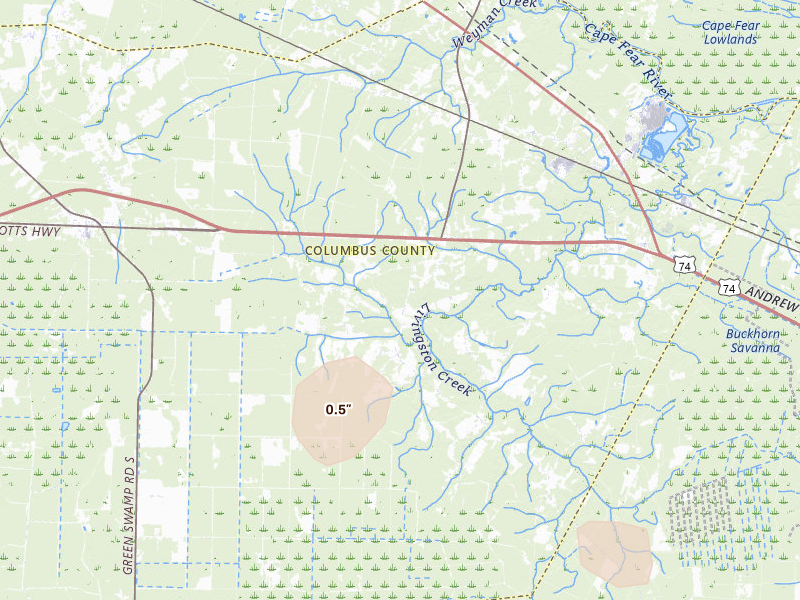 Radar-estimated hail-size map of the storm over Delco, NC