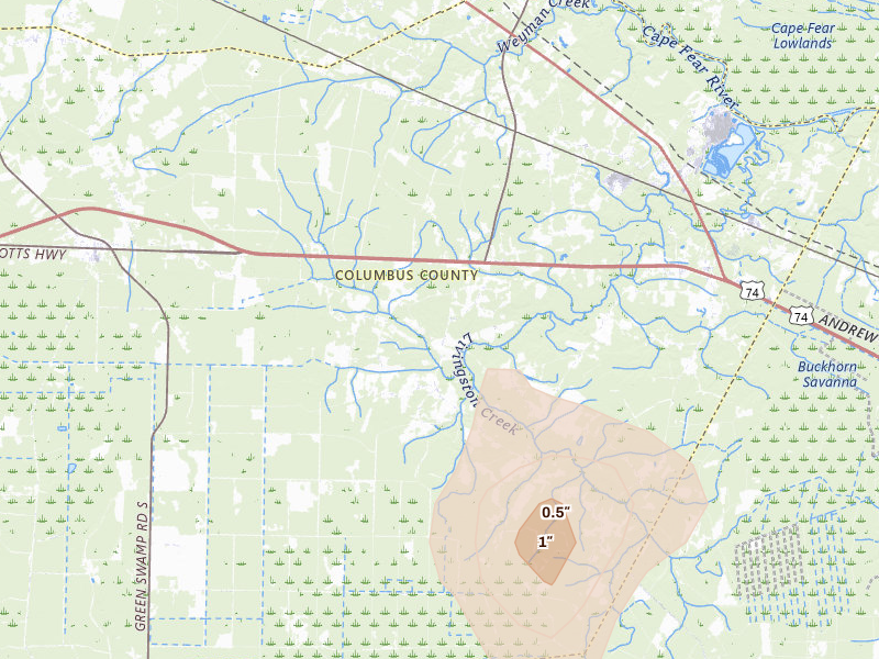 Radar-estimated hail-size map of the storm over Delco, NC on Jul 12, 2026