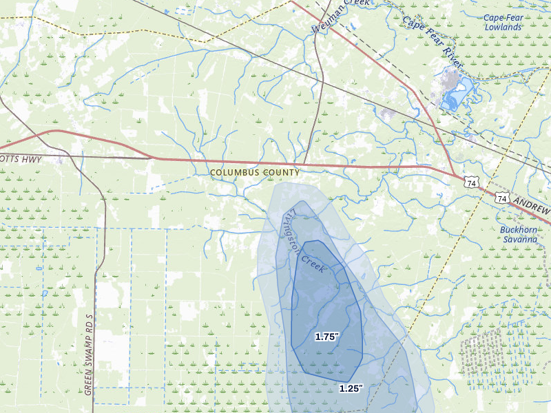 NEXRAD radar-signature map of the hail storm over Delco, NC on Jul 12, 2026