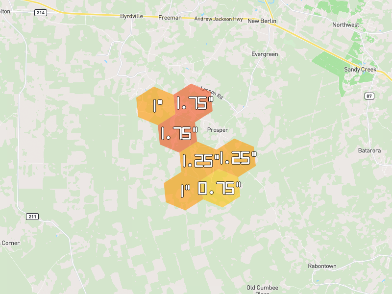 Hail map of Delco, NC on Jul 12, 2026, hail up to 1.75"