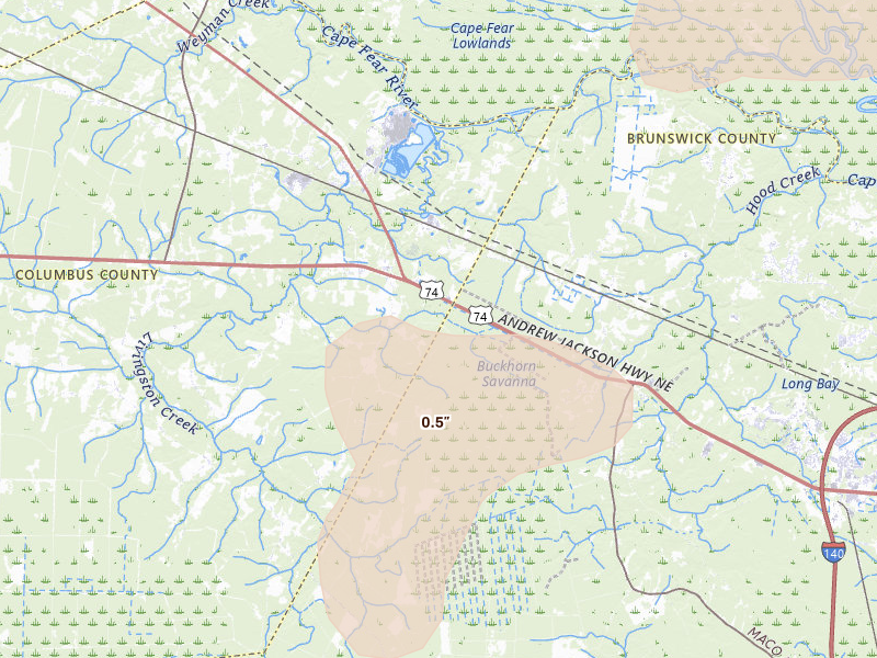 Radar-estimated hail-size map of the storm over Delco, NC on Aug 10, 2026