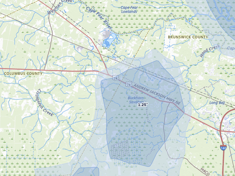 NEXRAD radar-signature map of the hail storm over Delco, NC on Aug 10, 2026