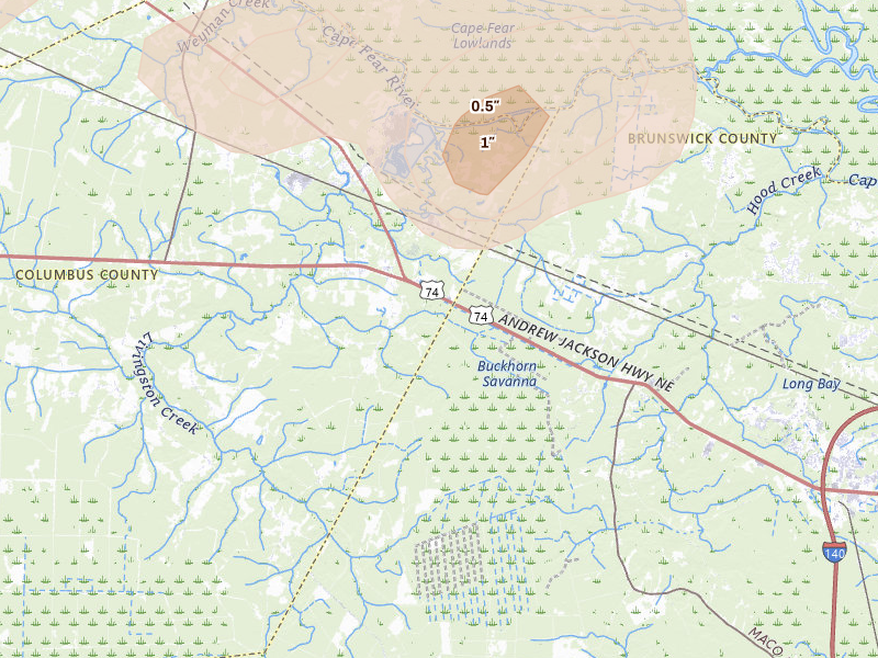 Radar-estimated hail-size map of the storm over Delco, NC on Aug 21, 2026