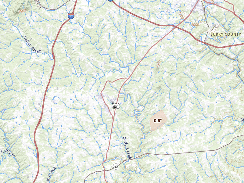 Radar-estimated hail-size map of the storm over Dobson, NC on Jul 4, 2026