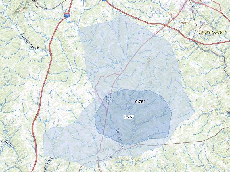 NEXRAD radar-signature map of the hail over Dobson, NC