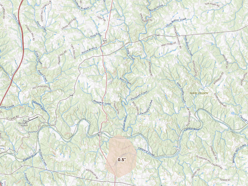 Radar-estimated hail-size map of the storm over Dobson, NC