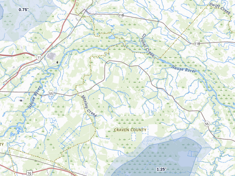 NEXRAD radar-signature map of the hail storm over Dover, NC on Jul 6, 2026