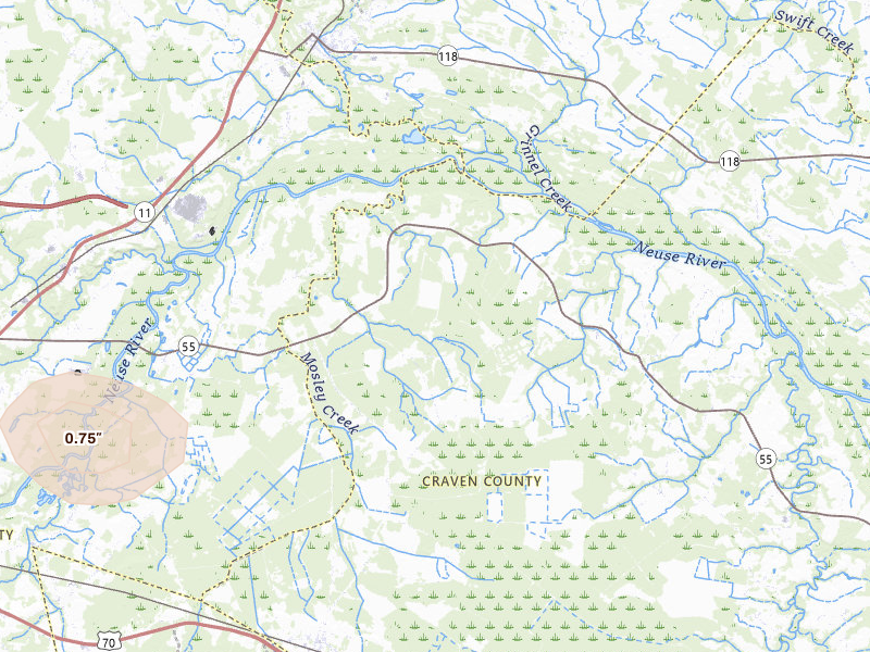 Radar-estimated hail-size map of the storm over Dover, NC on Jul 7, 2026