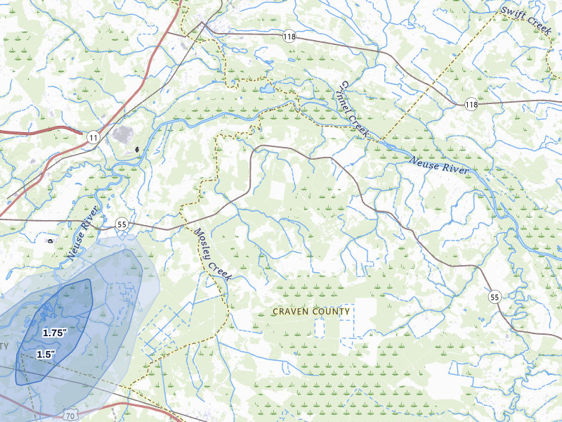 NEXRAD radar-signature map of the hail storm over Dover, NC on Jul 7, 2026