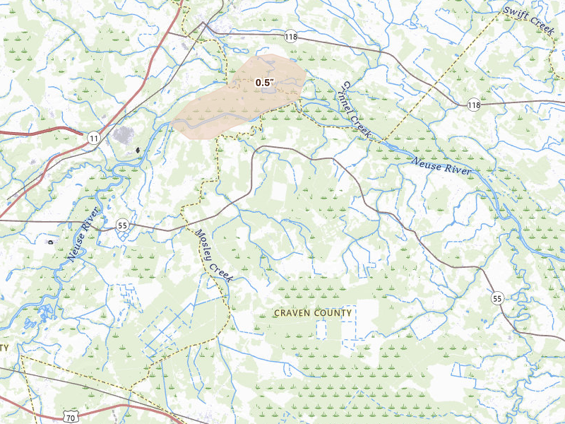 Radar-estimated hail-size map of the storm over Dover, NC on Jul 21, 2026