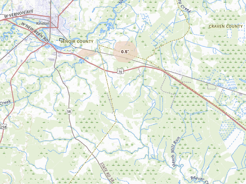 Radar-estimated hail-size map of the storm over Dover, NC on Aug 10, 2026