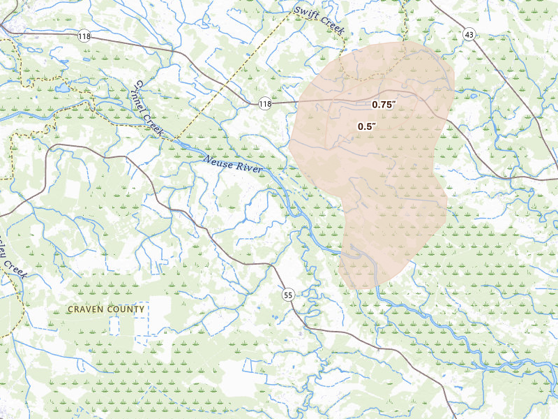 Radar-estimated hail-size map of the storm over Dover, NC on Aug 20, 2026