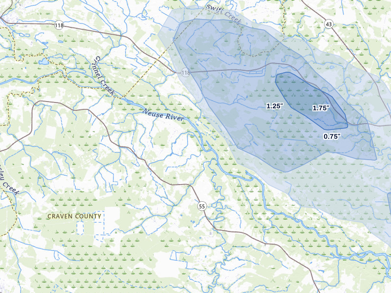 NEXRAD radar-signature map of the hail storm over Dover, NC on Aug 20, 2026