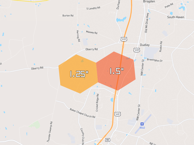 Hail map of Dudley, NC on Jul 5, 2026, hail up to 1.5"
