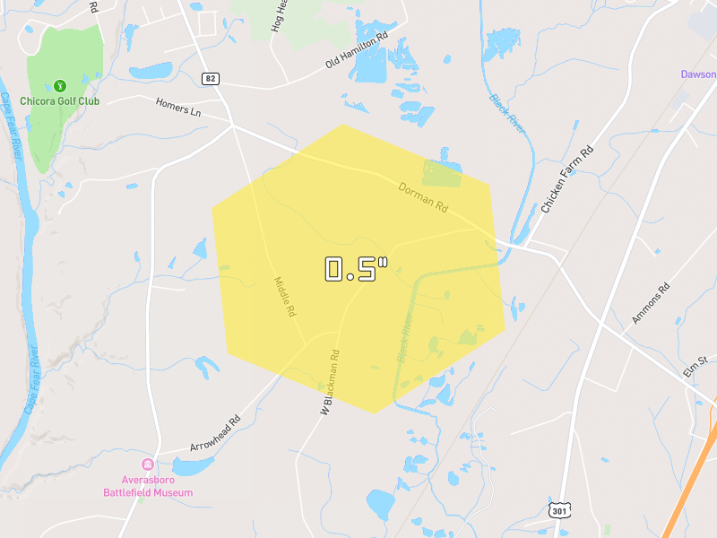 Hail map of Dunn, NC on Jul 7, 2026, hail up to 0.5"