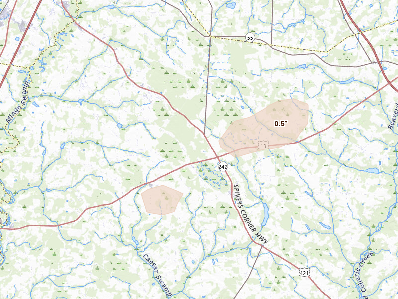 Radar-estimated hail-size map of the storm over Dunn, NC on Jul 8, 2026