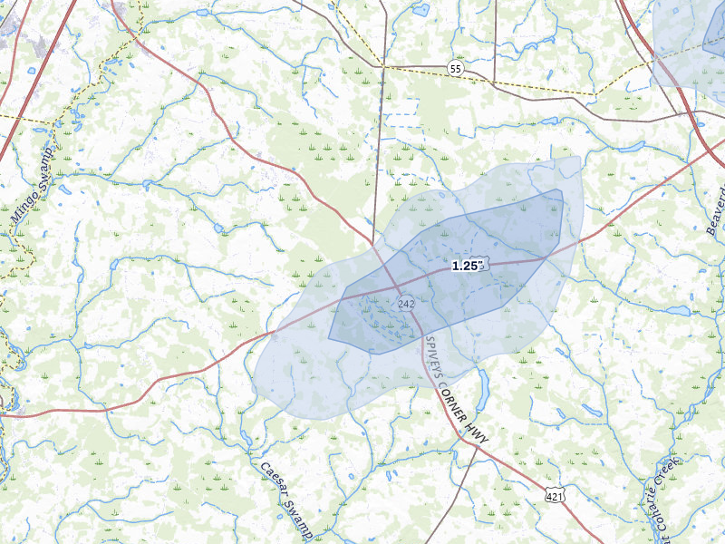 NEXRAD radar-signature map of the hail over Dunn, NC