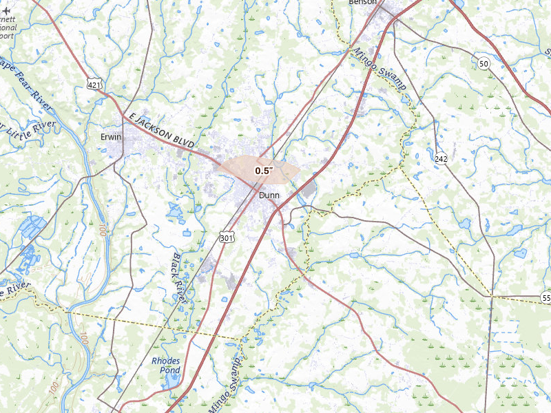 Radar-estimated hail-size map of the storm over Dunn, NC on Aug 11, 2026