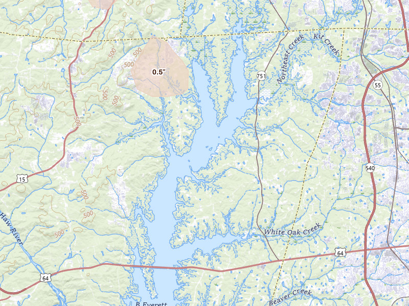 Radar-estimated hail-size map of the storm over Durham, NC on Apr 29, 2026