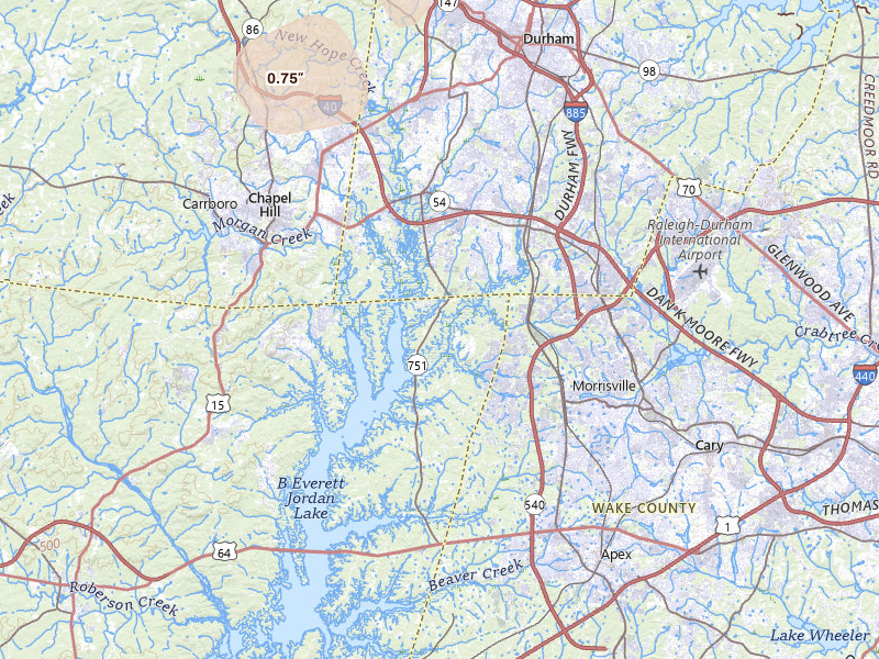 Radar-estimated hail-size map of the storm over Durham, NC on Jul 7, 2026