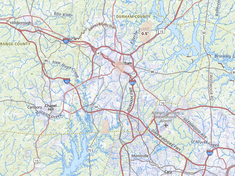 Radar-estimated hail-size map of the storm over Durham, NC on Aug 6, 2026