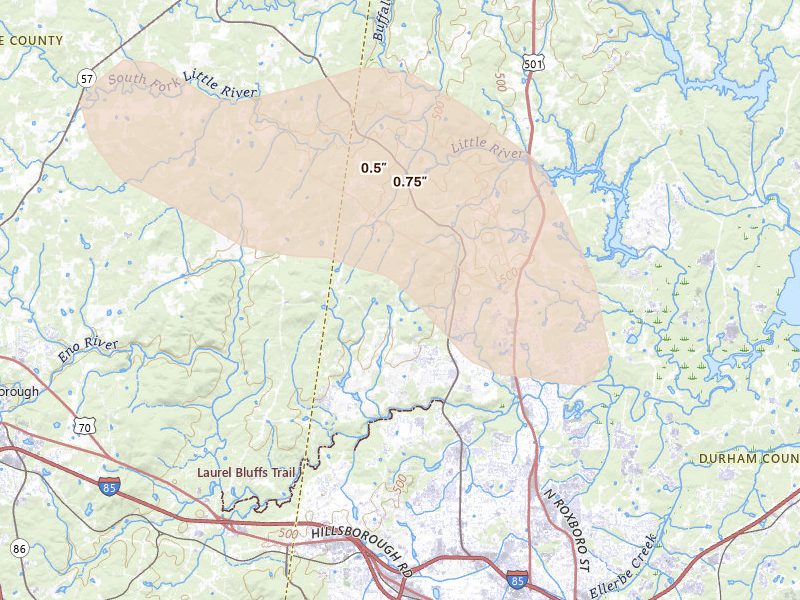 Radar-estimated hail-size map of the storm over Durham, NC
