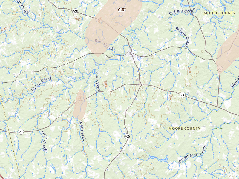 Radar-estimated hail-size map of the storm over Eagle Springs, NC on Aug 6, 2026