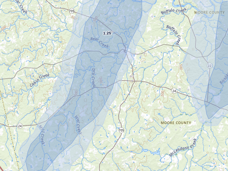 NEXRAD radar-signature map of the hail storm over Eagle Springs, NC on Aug 6, 2026