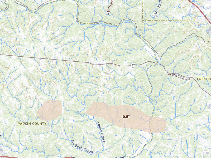 Radar-estimated hail-size map of the storm over East Bend, NC on Aug 17, 2026