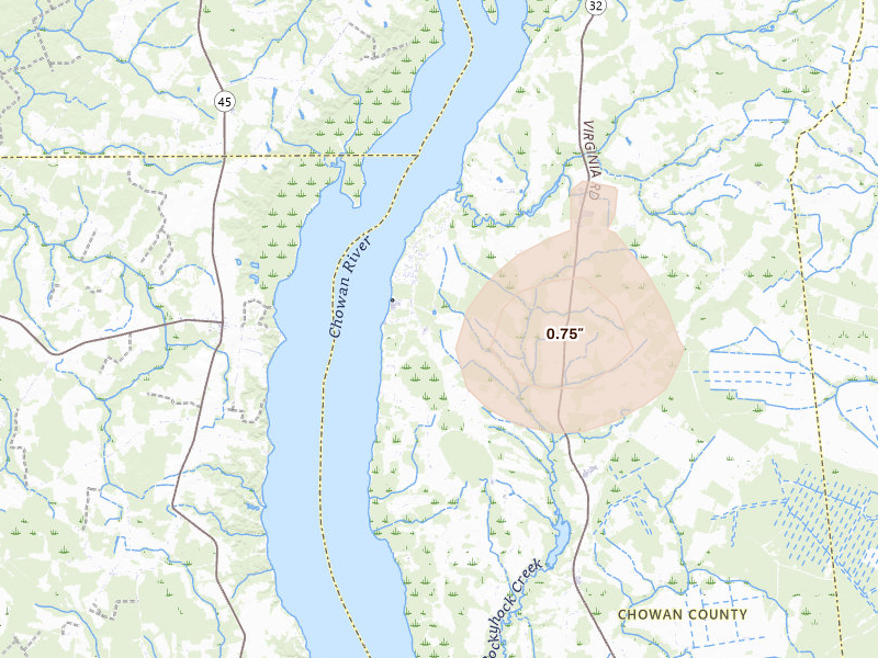 Radar-estimated hail-size map of the storm over Edenton, NC on Jun 11, 2026