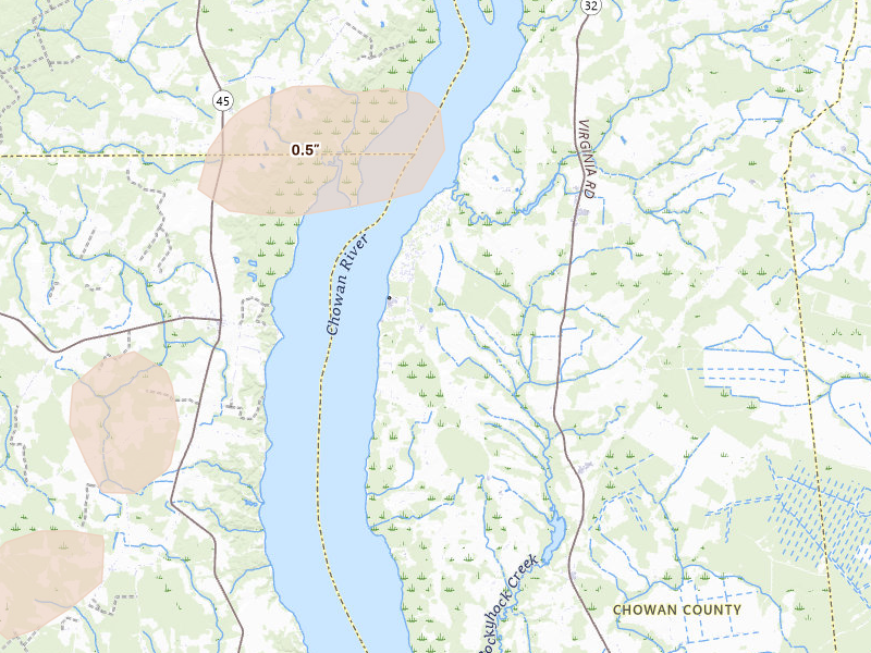 Radar-estimated hail-size map of the storm over Edenton, NC on Jun 23, 2026